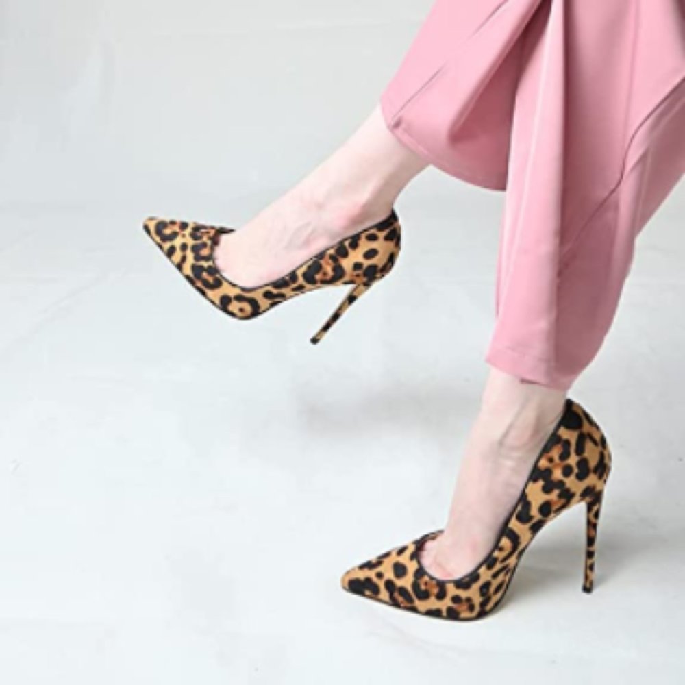 FSJ Leopard Suede Printed Pointy Toe High Heels Pumps Dress Shoes